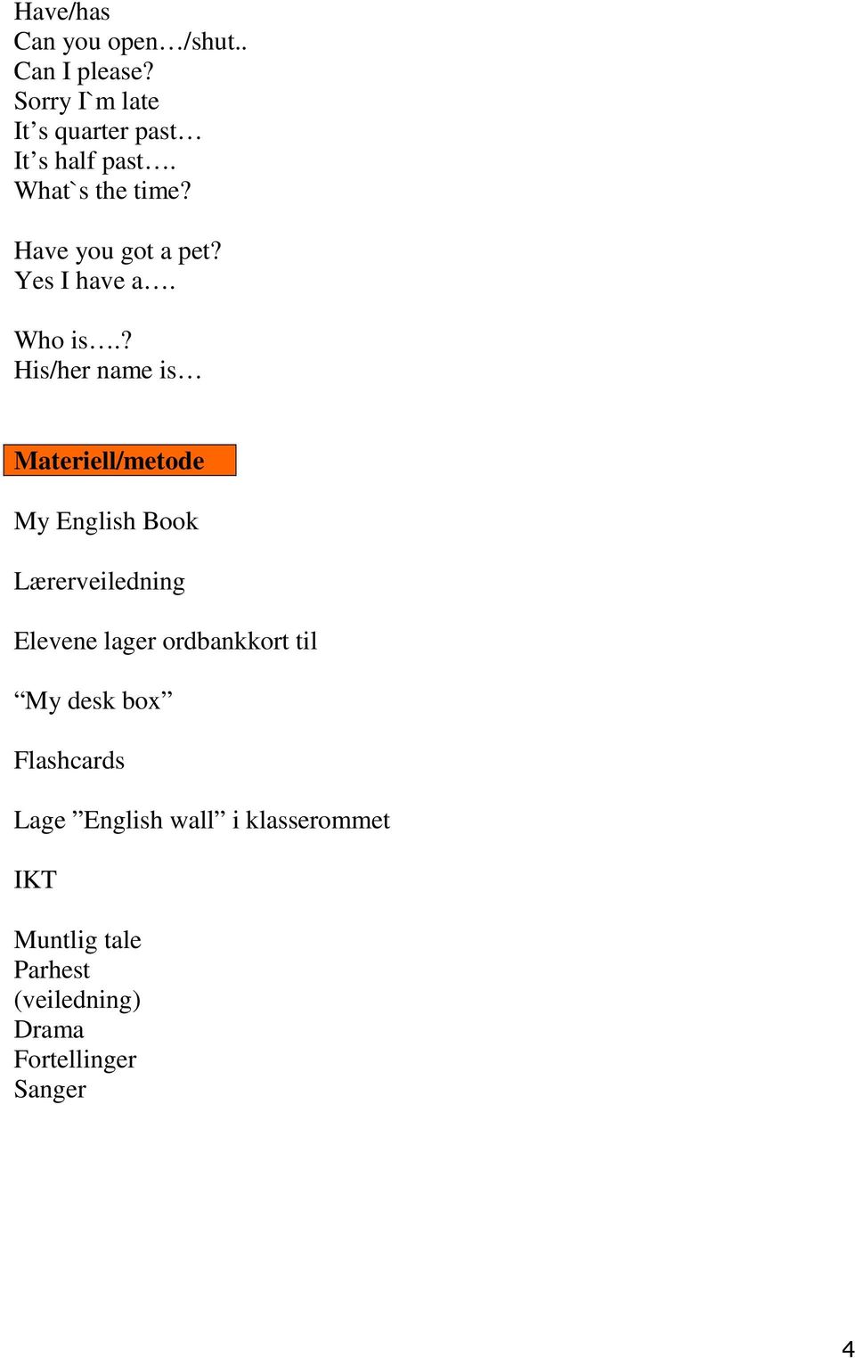 ? His/her name is Materiell/metode My English Book Lærerveiledning Elevene lager ordbankkort