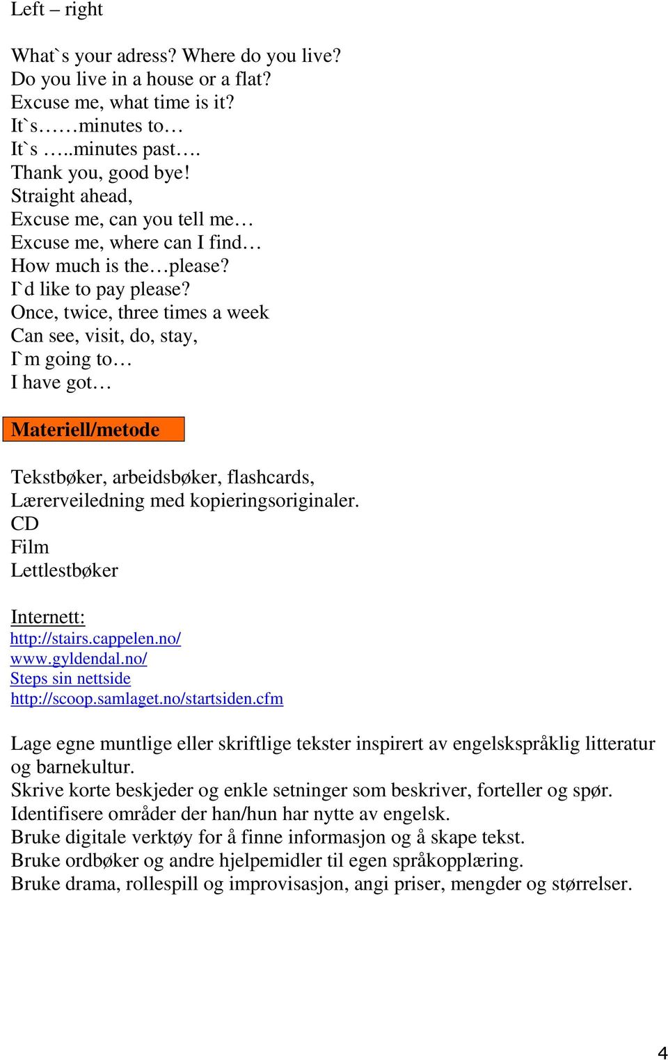 Once, twice, three times a week Can see, visit, do, stay, I`m going to I have got Materiell/metode Tekstbøker, arbeidsbøker, flashcards, Lærerveiledning med kopieringsoriginaler.