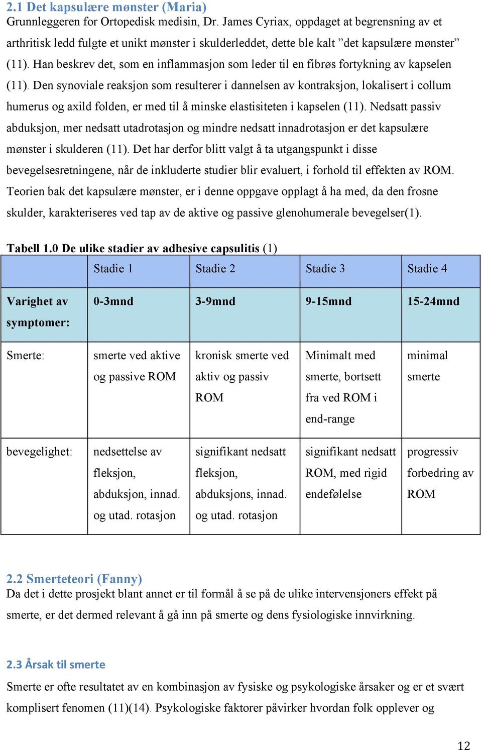 Han beskrev det, som en inflammasjon som leder til en fibrøs fortykning av kapselen (11).