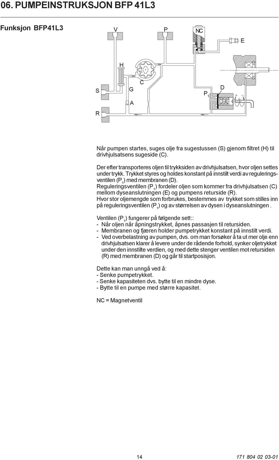 Reguleringsventilen (P 1 ) fordeler oljen som kommer fra drivhjulsatsen (C) mellom dyseanslutningen (E) og pumpens returside (R).