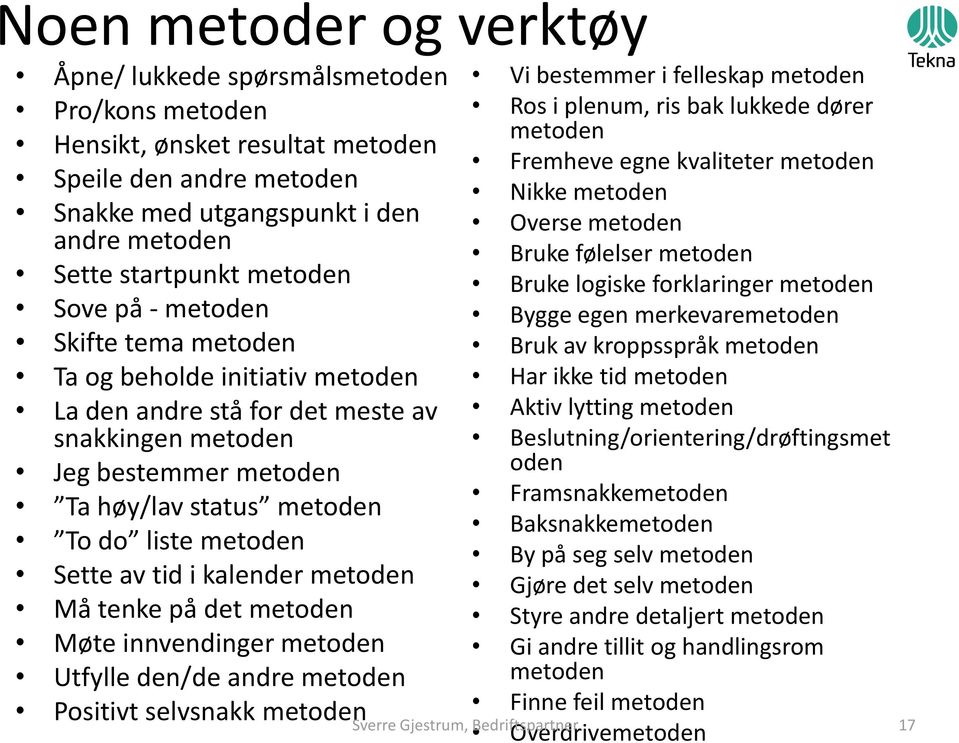 tid i kalender metoden Må tenke på det metoden Møte innvendinger metoden Utfylle den/de andre metoden Positivt selvsnakk metoden Vi bestemmer i felleskap metoden Ros i plenum, ris bak lukkede dører