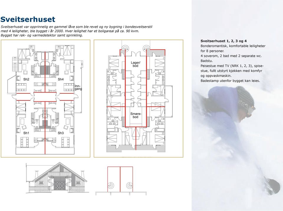 Sveitserhuset 1, 2, 3 og 4 Bonderomantisk, komfortable leiligheter for 8 personer. 4 soverom, 2 bad med 2 separate wc. Badstu.