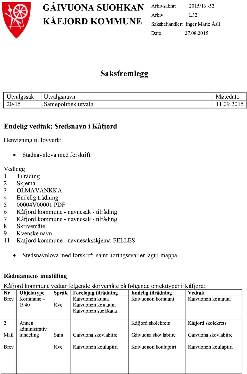 PDF 6 Kåfjord kommune - navnesak - tilråding 7 Kåfjord kommune - navnesak - tilråding 8 Skrivemåte 9 Kvenske navn 11 Kåfjord kommune - navnesaksskjema-felles Stedsnavnlova med forskrift, samt