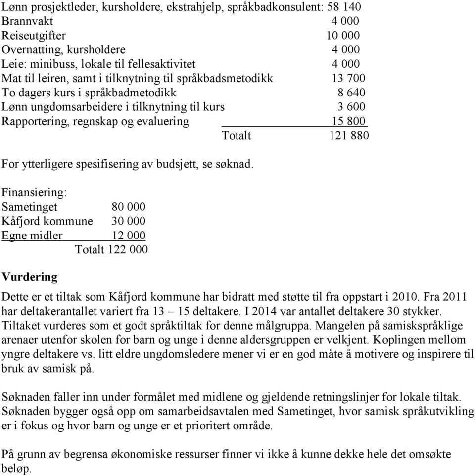 121 880 For ytterligere spesifisering av budsjett, se søknad.