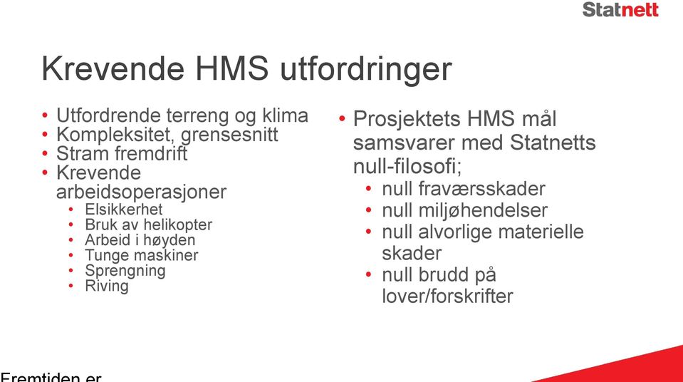 maskiner Sprengning Riving Prosjektets HMS mål samsvarer med Statnetts null-filosofi; null