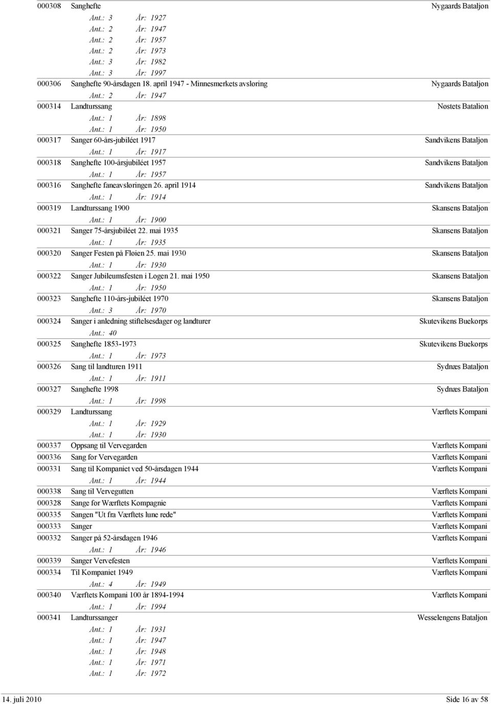 : 1 År: 1914 000319 Landturssang 1900 Ant.: 1 År: 1900 000321 Sanger 75-årsjubiléet 22. mai 1935 Ant.: 1 År: 1935 000320 Sanger Festen på Fløien 25. mai 1930 Ant.