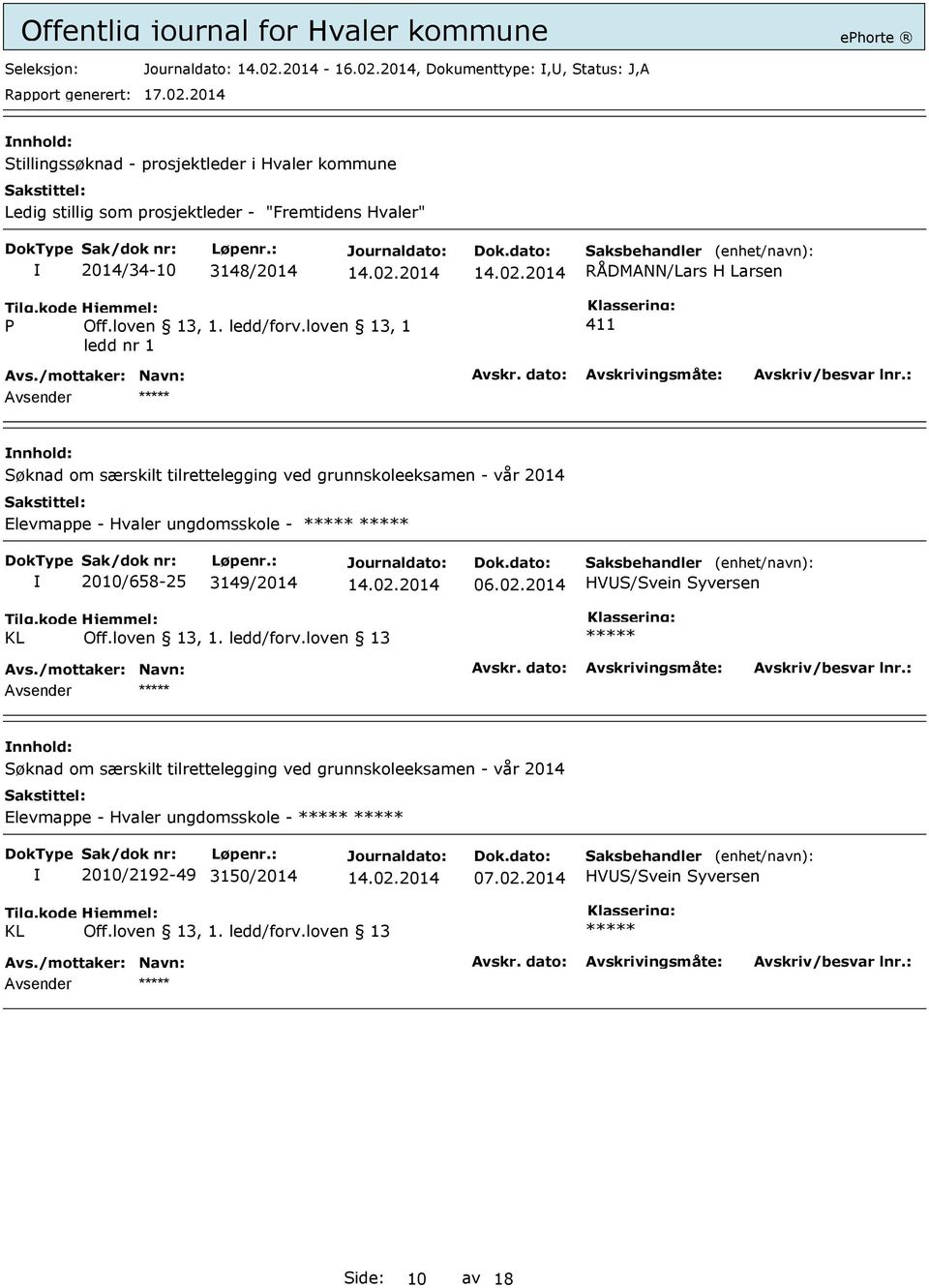 Hvaler" 2014/34-10 3148/2014 RÅDMANN/Lars H Larsen P, 1 ledd nr 1 411 Søknad om særskilt tilrettelegging ved grunnskoleeksamen - vår