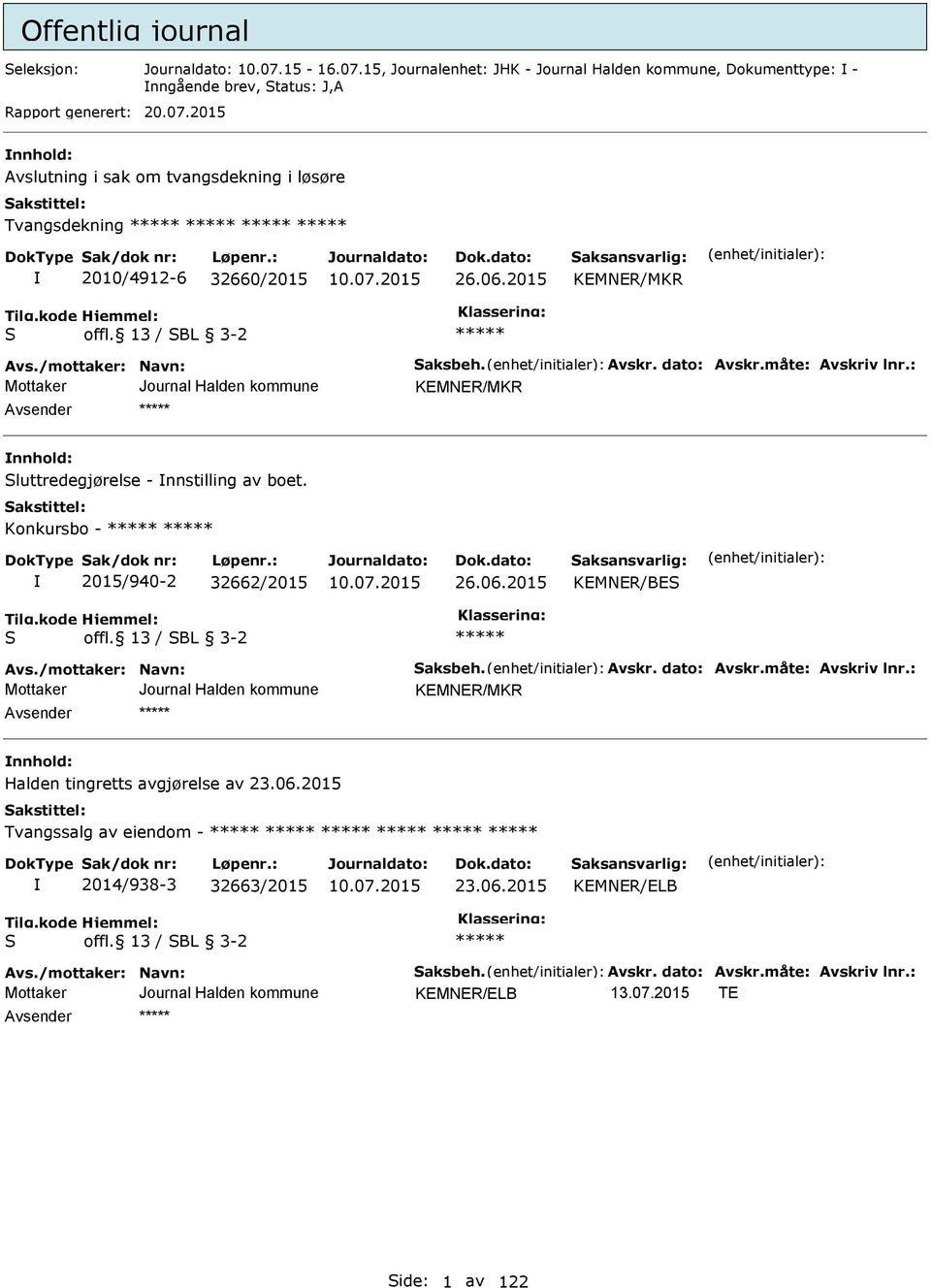 06.2015 KMNR/MKR KMNR/MKR nnhold: luttredegjørelse - nnstilling av boet. Konkursbo - 2015/940-2 32662/2015 26.06.2015 KMNR/B KMNR/MKR nnhold: Halden tingretts avgjørelse av 23.