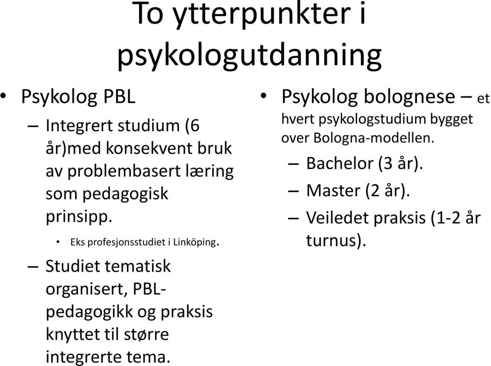 Studiet tematisk organisert, PBLpedagogikk og praksis knyttet til større integrerte tema.