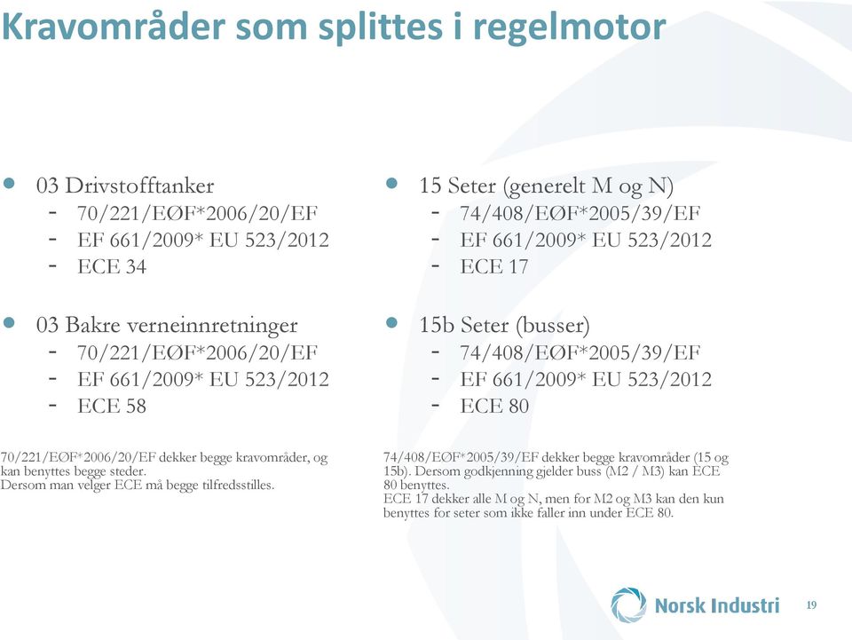 ECE 80 70/221/EØF*2006/20/EF dekker begge kravområder, og kan benyttes begge steder. Dersom man velger ECE må begge tilfredsstilles.