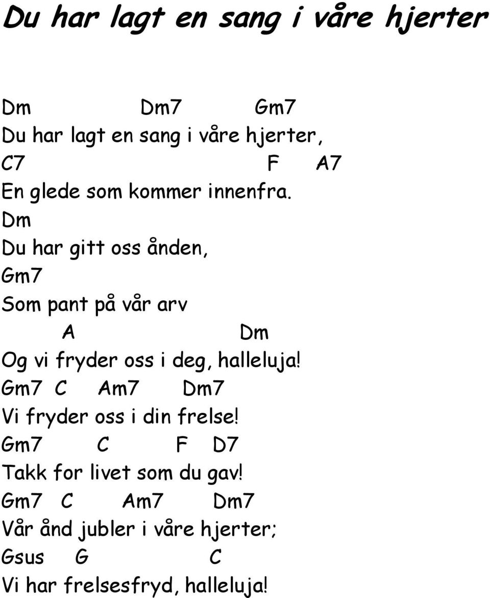 m u har gitt oss ånden, m7 Som pant på vår arv m Og vi fryder oss i deg, halleluja!