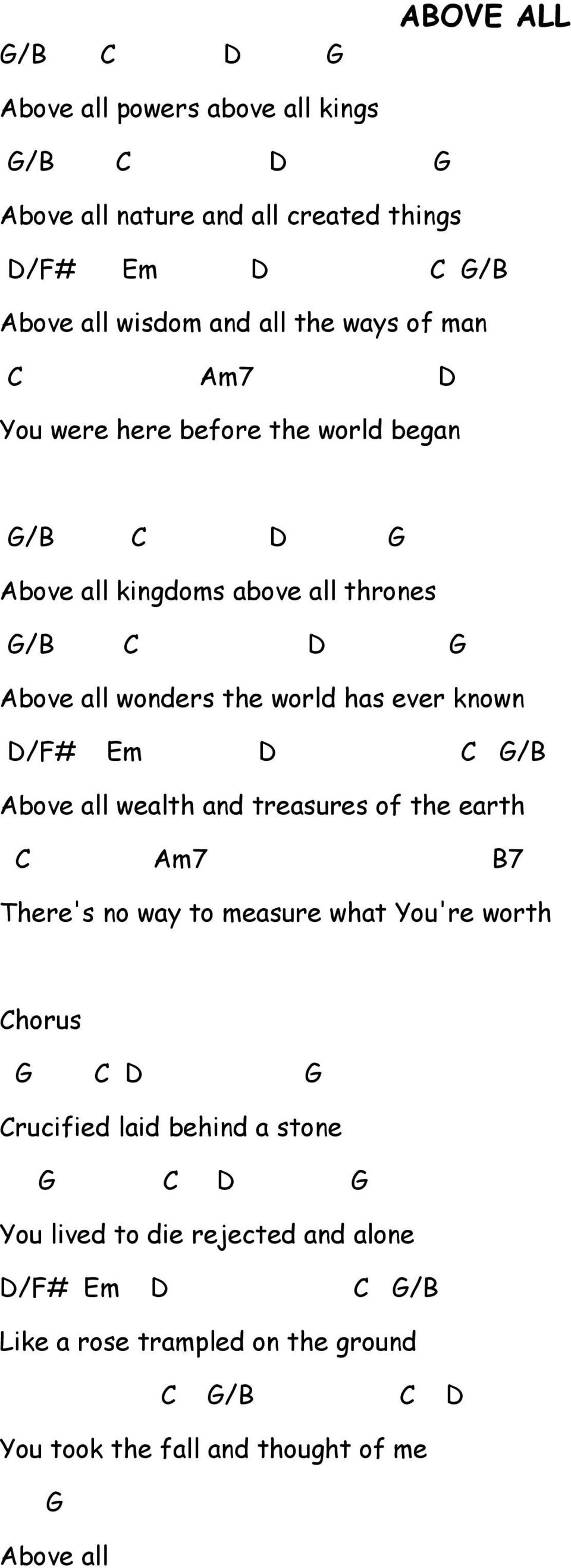 Em /B bove all wealth and treasures of the earth m7 B7 There's no way to measure what You're worth horus rucified laid behind a