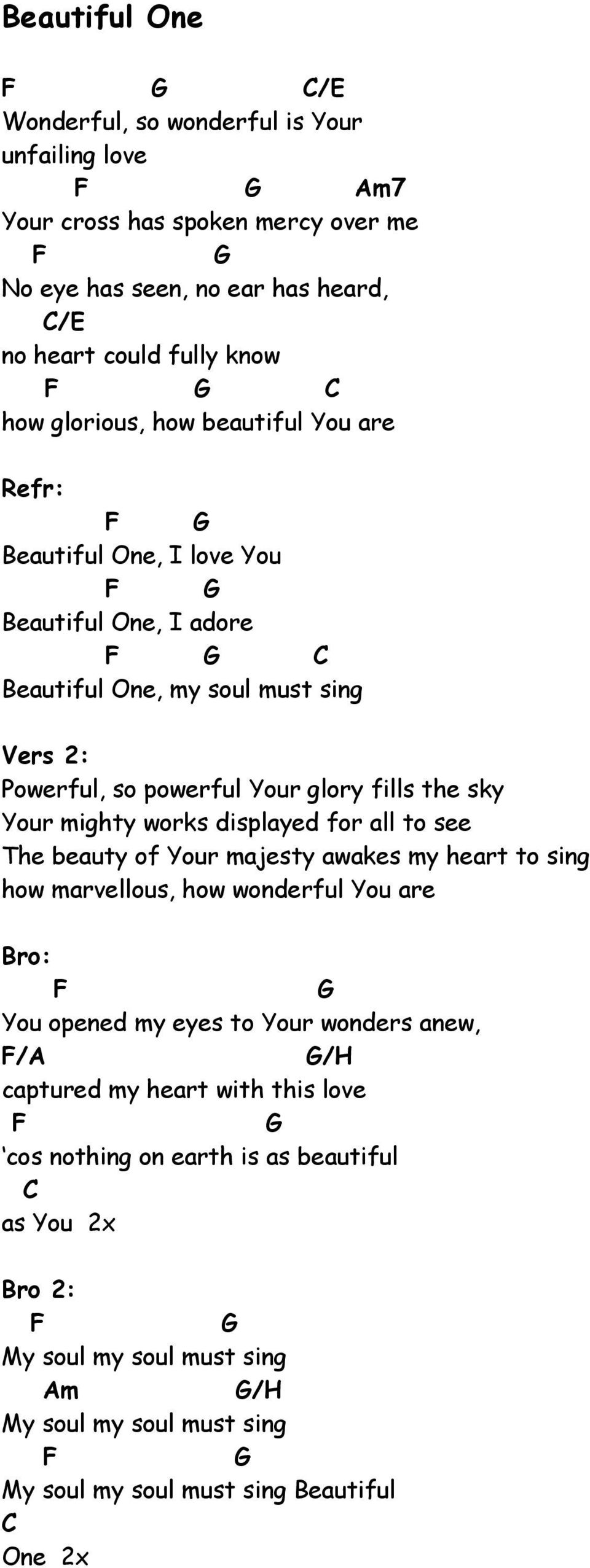 Your mighty works displayed for all to see The beauty of Your majesty awakes my heart to sing how marvellous, how wonderful You are Bro: F You opened my eyes to Your wonders anew, F/