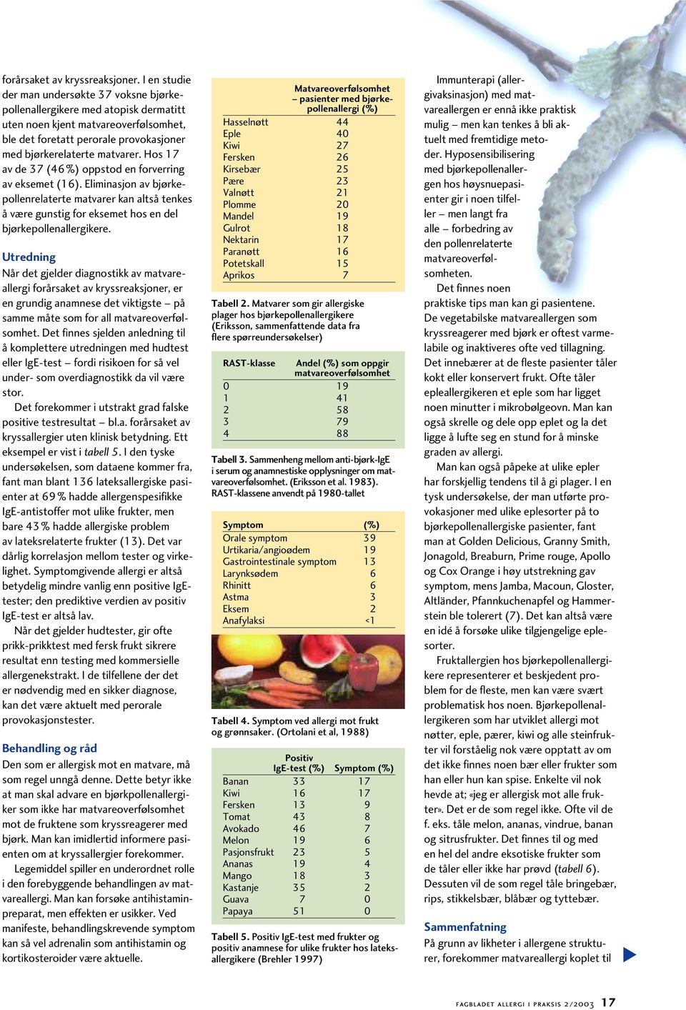 Hos 17 av de 37 (46%) oppstod en forverring av eksemet (16). Eliminasjon av bjørkepollenrelaterte matvarer kan altså tenkes å være gunstig for eksemet hos en del bjørkepollenallergikere.
