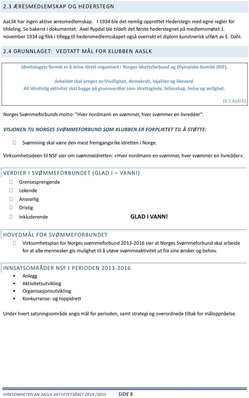 4 GRUNNLAGET: VEDTATT MÅL FOR KLUBBEN AASLK Idrettslagets formål er å drive idrett organisert i Norges Idrettsforbund og Olympiske Komité (NIF).