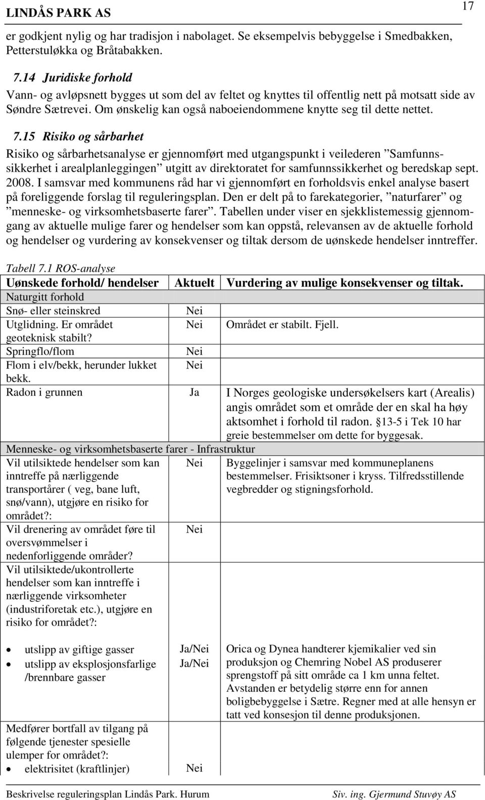 7.15 Risiko og sårbarhet Risiko og sårbarhetsanalyse er gjennomført med utgangspunkt i veilederen Samfunnssikkerhet i arealplanleggingen utgitt av direktoratet for samfunnssikkerhet og beredskap sept.