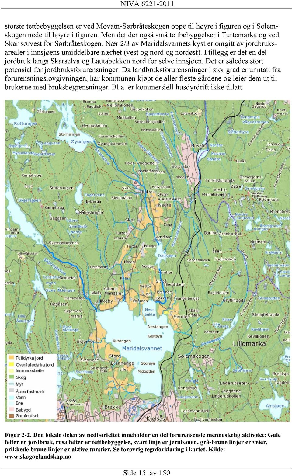 Nær 2/3 av Maridalsvannets kyst er omgitt av jordbruksarealer i innsjøens umiddelbare nærhet (vest og nord og nordøst).