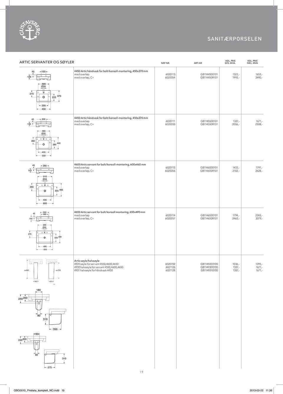 bolt/konsoll-montering, 450x370 mm med overløp 6020111 GB1145500101 1337,- 1671,- med overløp, C+ 6020055 GB114550R101 2006,- 2508,- 4600 Artic servant for bolt/konsoll-montering, 600x465 mm med