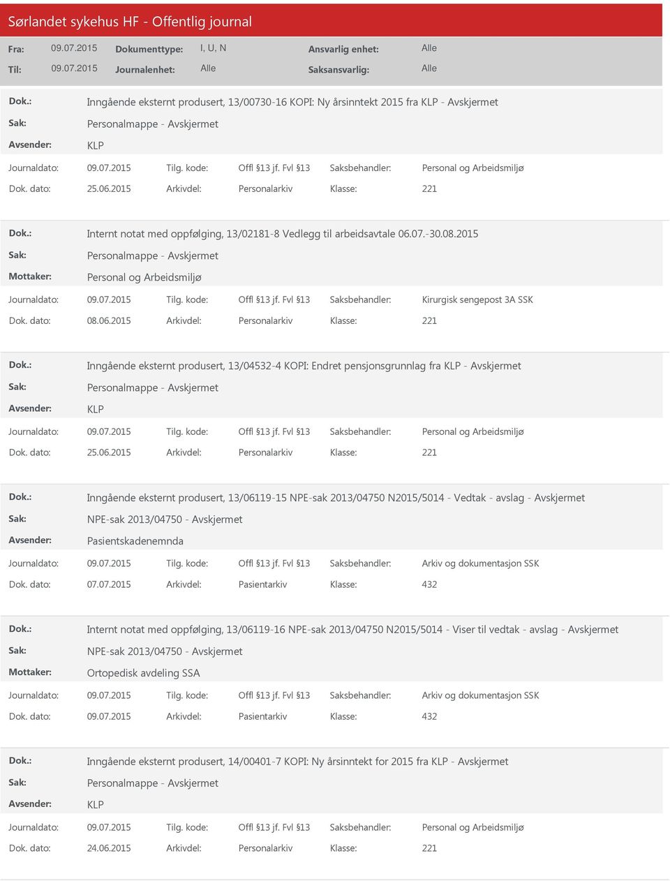 07.-30.08.2015 Personalmappe - Kirurgisk sengepost 3A SSK Dok. dato: 08.06.