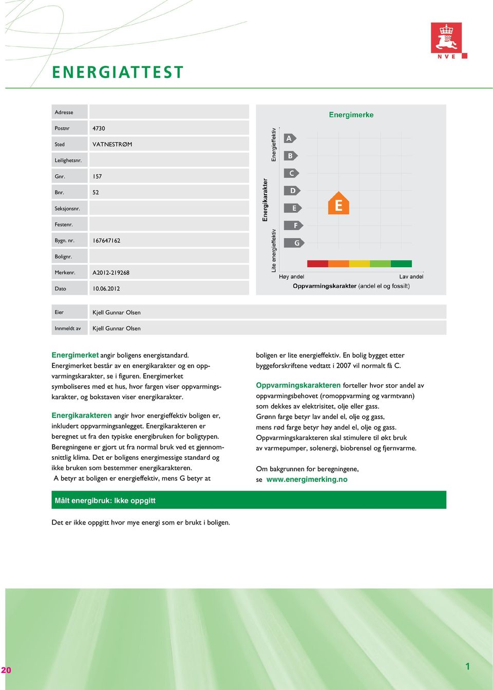 Energimerket symboliseres med et hus, hvor fargen viser oppvarmingskarakter, og bokstaven viser energikarakter. Energikarakteren angir hvor energieffektiv boligen er, inkludert oppvarmingsanlegget.