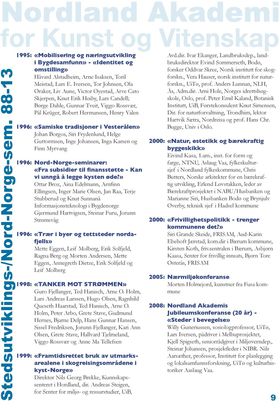 1996: «Samiske tradisjoner i Vesterålen» Johan Borgos, Siri Frydenlund, Helge Guttormsen, Inge Johansen, Inga Karsen og Finn Myrvang 1996: Nord-Norge-seminarer: «Fra subsidier til finansstøtte - Kan