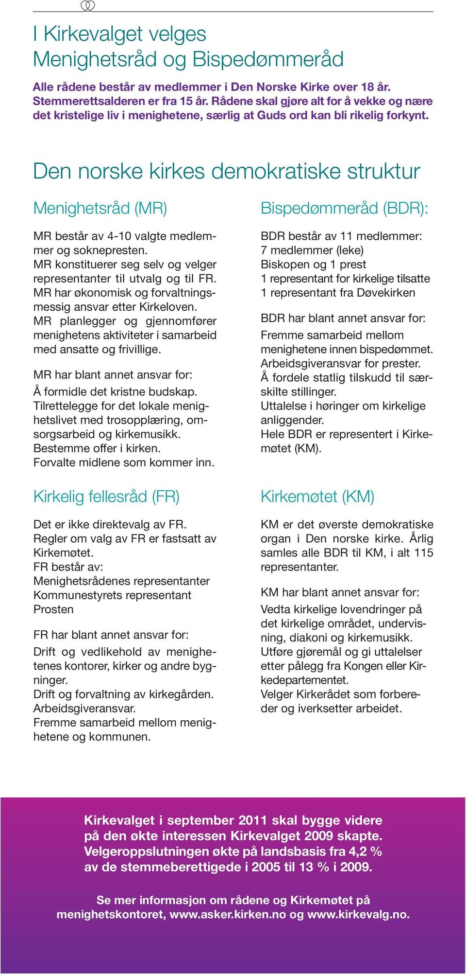 Den norske kirkes demokratiske struktur Menighetsråd (MR) MR består av 4-10 valgte medlemmer og soknepresten. MR konstituerer seg selv og velger representanter til utvalg og til FR.