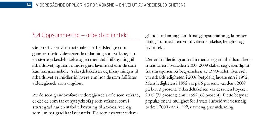 arbeidslivet, og har i mindre grad lavinntekt enn de som kun har grunnskole. Yrkesdeltakelsen og tilknytningen til arbeidslivet er imidlertid lavere enn hos de som fullfører videregående som ungdom.