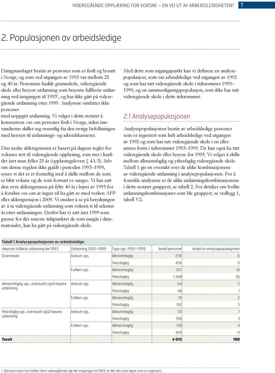 Personene hadde grunnskole, videregående skole eller høyere utdanning som høyeste fullførte utdanning ved inngangen til 1993 1, og har ikke gått på videregående utdanning etter 1999.