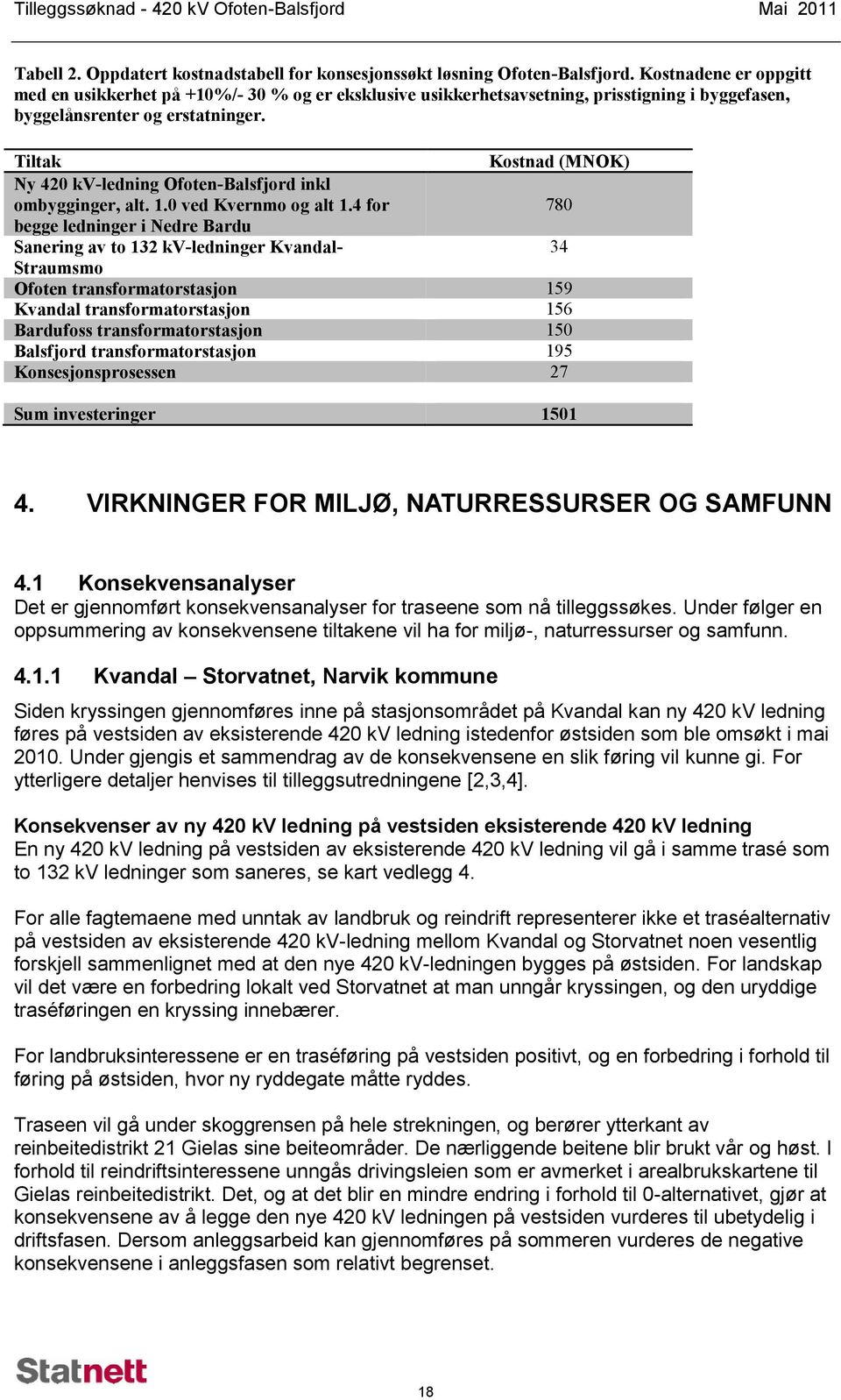 Tiltak Kostnad (MNOK) Ny 420 kv-ledning Ofoten-Balsfjord inkl ombygginger, alt. 1.0 ved Kvernmo og alt 1.