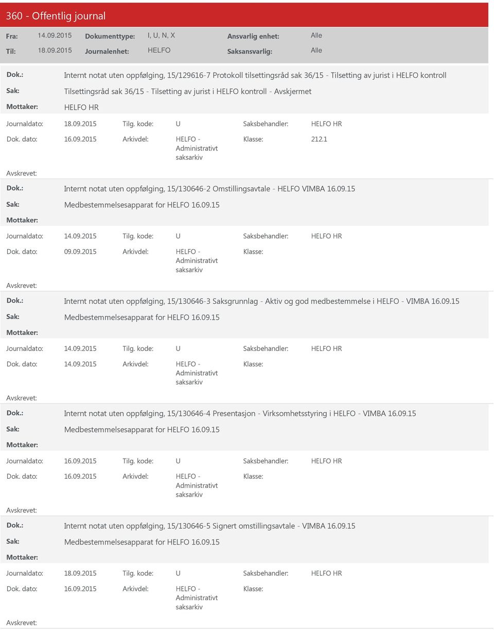 09.15 Medbestemmelsesapparat for 16.09.15 HR Internt notat uten oppfølging, 15/130646-4 Presentasjon - Virksomhetsstyring i VIMBA 16.09.15 Medbestemmelsesapparat for 16.09.15 HR 16.09.2015 Internt notat uten oppfølging, 15/130646-5 Signert omstillingsavtale - VIMBA 16.