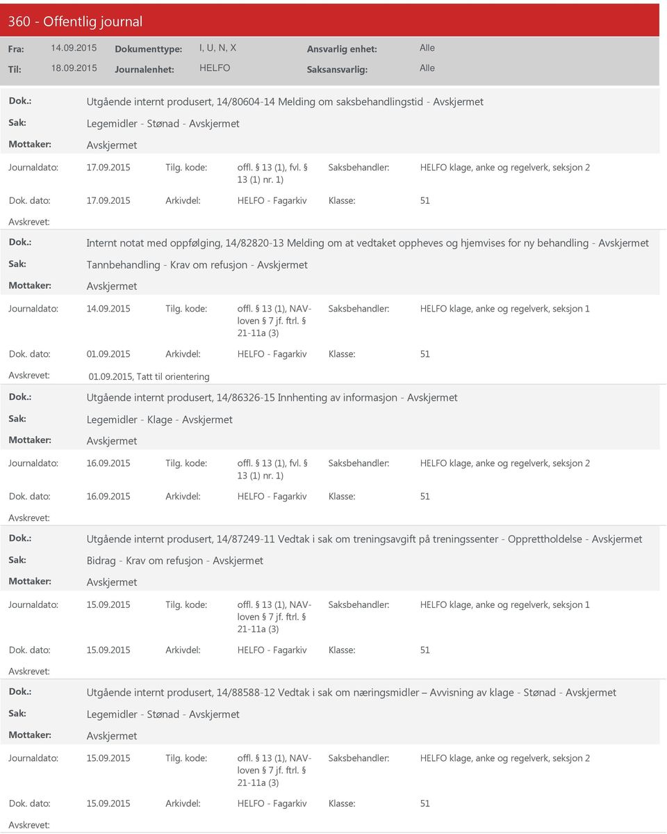 2015 Fagarkiv Internt notat med oppfølging, 14/82820-13 Melding om at vedtaket oppheves og hjemvises for ny behandling - Tannbehandling - Krav om refusjon - offl. 13 (1), NAVloven 7 jf. ftrl.