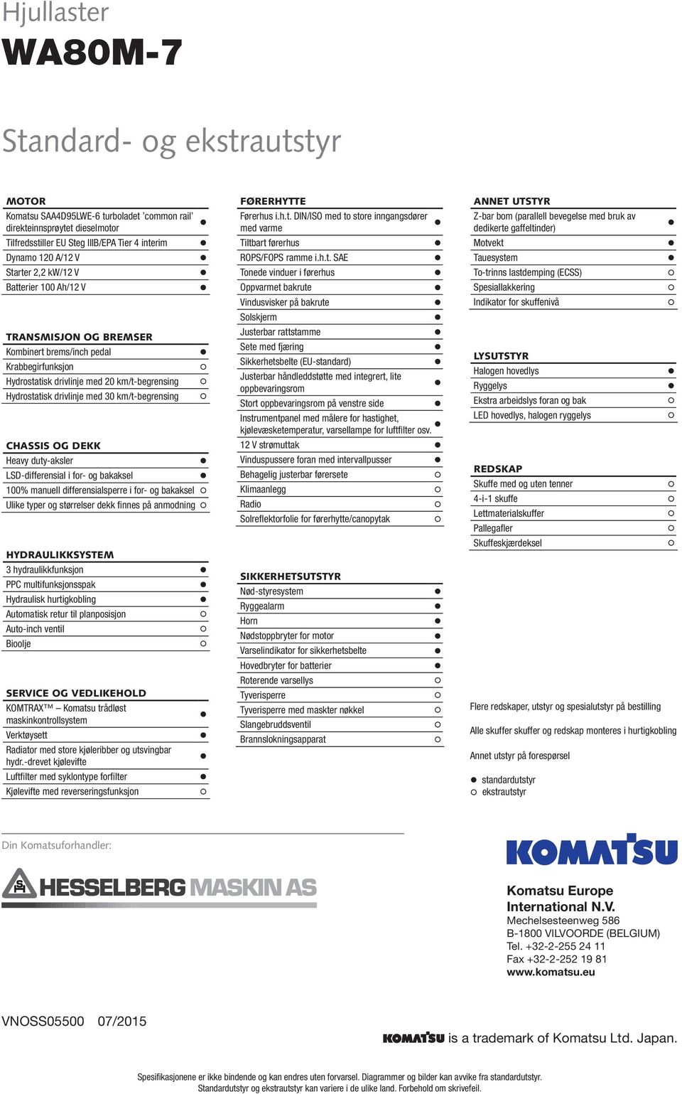 CHASSIS OG DEKK Heavy duty-aksler LSD-differensial i for- og bakaksel 100% manuell differensialsperre i for- og bakaksel Ulike typer og størrelser dekk finnes på anmodning FØRERHYTTE Førerhus i.h.t. DIN/ISO med to store inngangsdører med varme Tiltbart førerhus ROPS/FOPS ramme i.