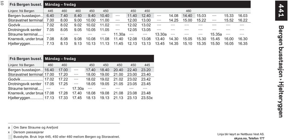 30a 15.35a Knarrevik, under brua 7.08 8.08 9.08 10.08 11.08 11.40 12.08 13.08 13.40 14.30 15.05 15.30 15.45 16.00 16.30 Hjelteryggen... 7.13 8.13 9.13 10.13 11.13 11.45 12.13 13.13 13.45 14.35 15.