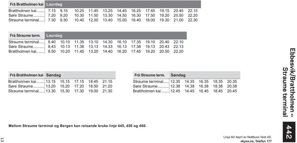 10 Søre Straume... 8.43 10.13 11.38 13.13 14.33 16.13 17.38 19.13 20.43 22.13 Brattholmen kai... 8.50 10.20 11.45 13.20 14.40 16.20 17.45 19.20 20.50 22.20 Frå Brattholmen kai Søndag Brattholmen kai.