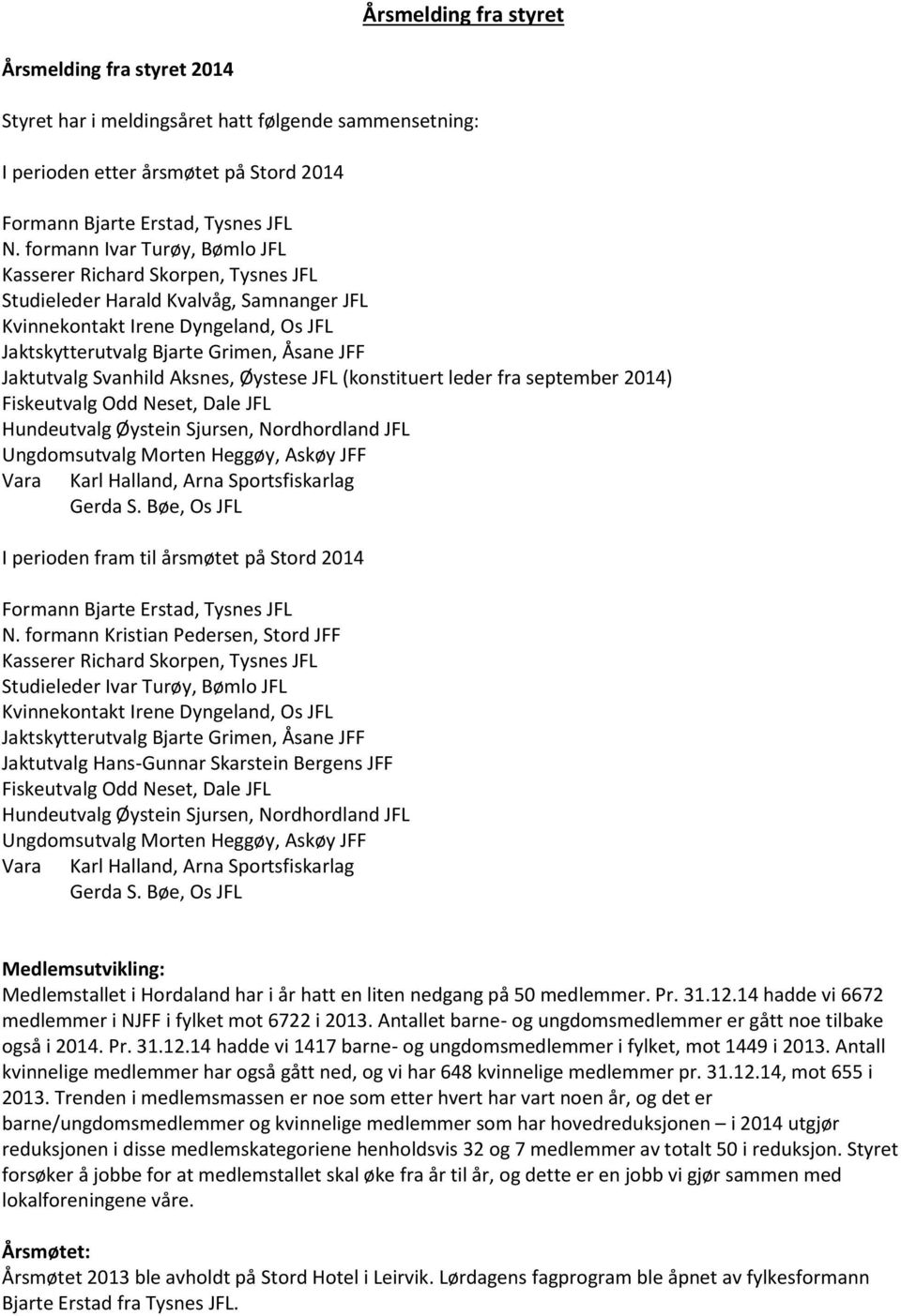 Jaktutvalg Svanhild Aksnes, Øystese JFL (konstituert leder fra september 2014) Fiskeutvalg Odd Neset, Dale JFL Hundeutvalg Øystein Sjursen, Nordhordland JFL Ungdomsutvalg Morten Heggøy, Askøy JFF