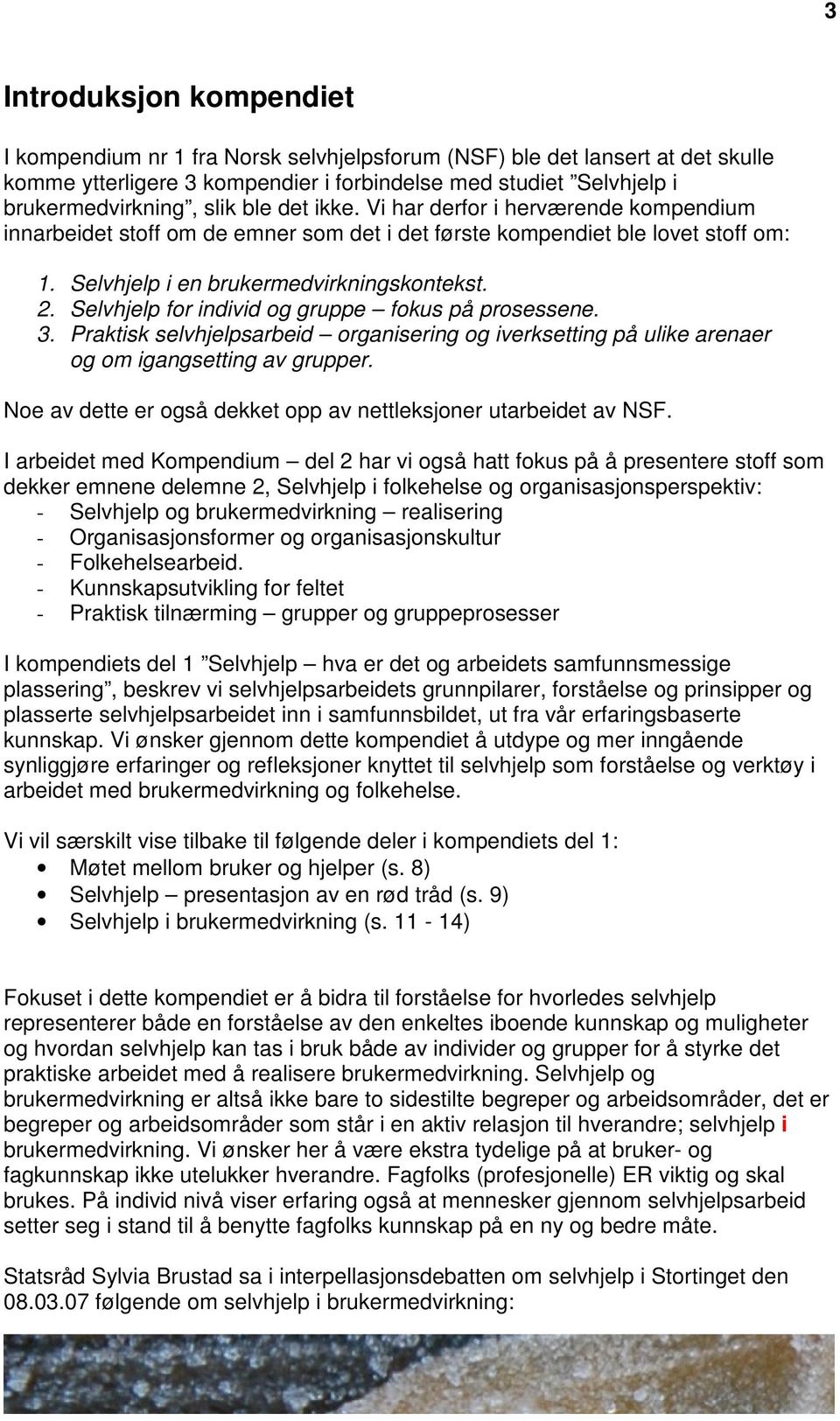 Selvhjelp for individ og gruppe fokus på prosessene. 3. Praktisk selvhjelpsarbeid organisering og iverksetting på ulike arenaer og om igangsetting av grupper.