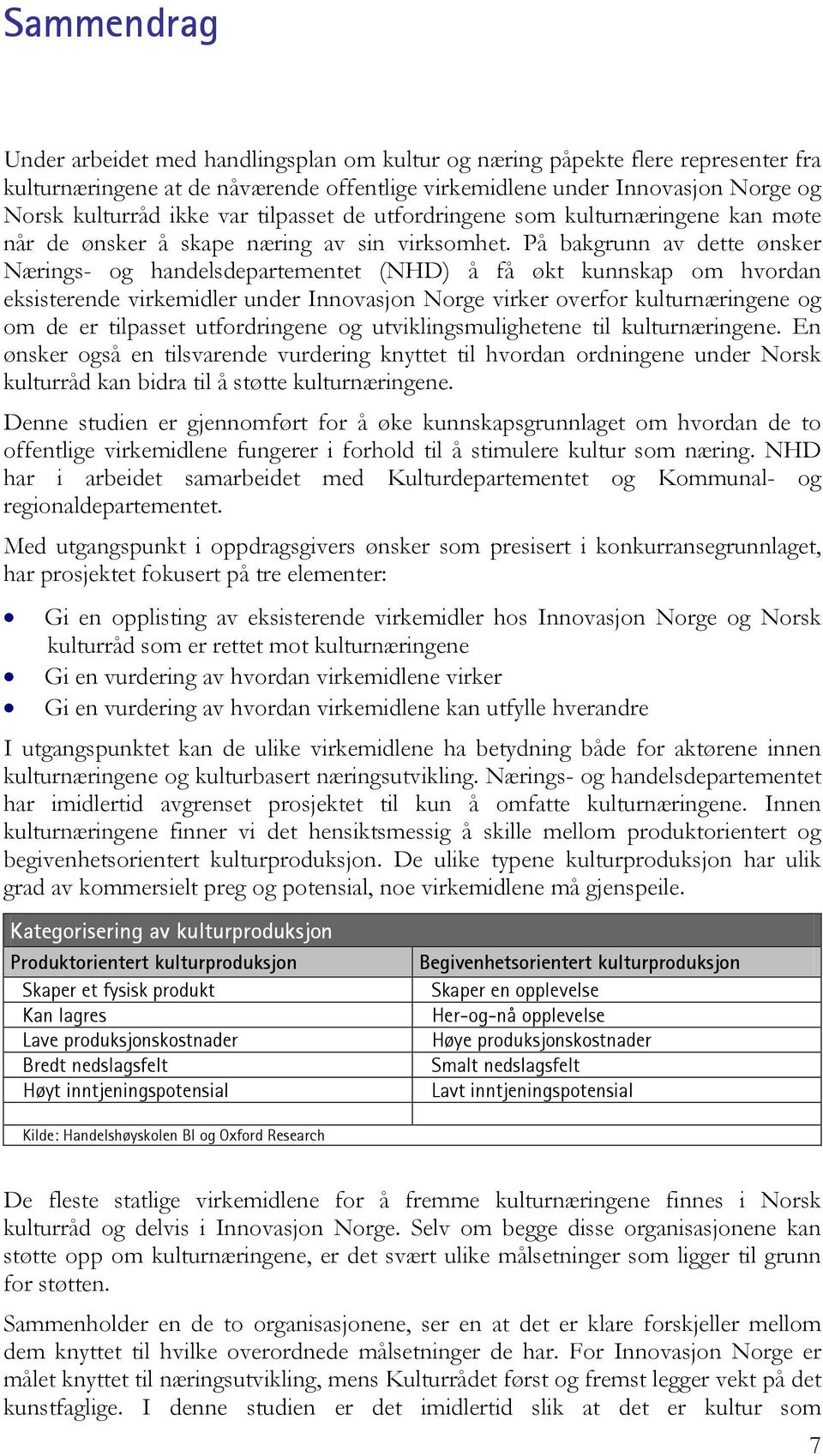 På bakgrunn av dette ønsker Nærings- og handelsdepartementet (NHD) å få økt kunnskap om hvordan eksisterende virkemidler under Innovasjon Norge virker overfor kulturnæringene og om de er tilpasset