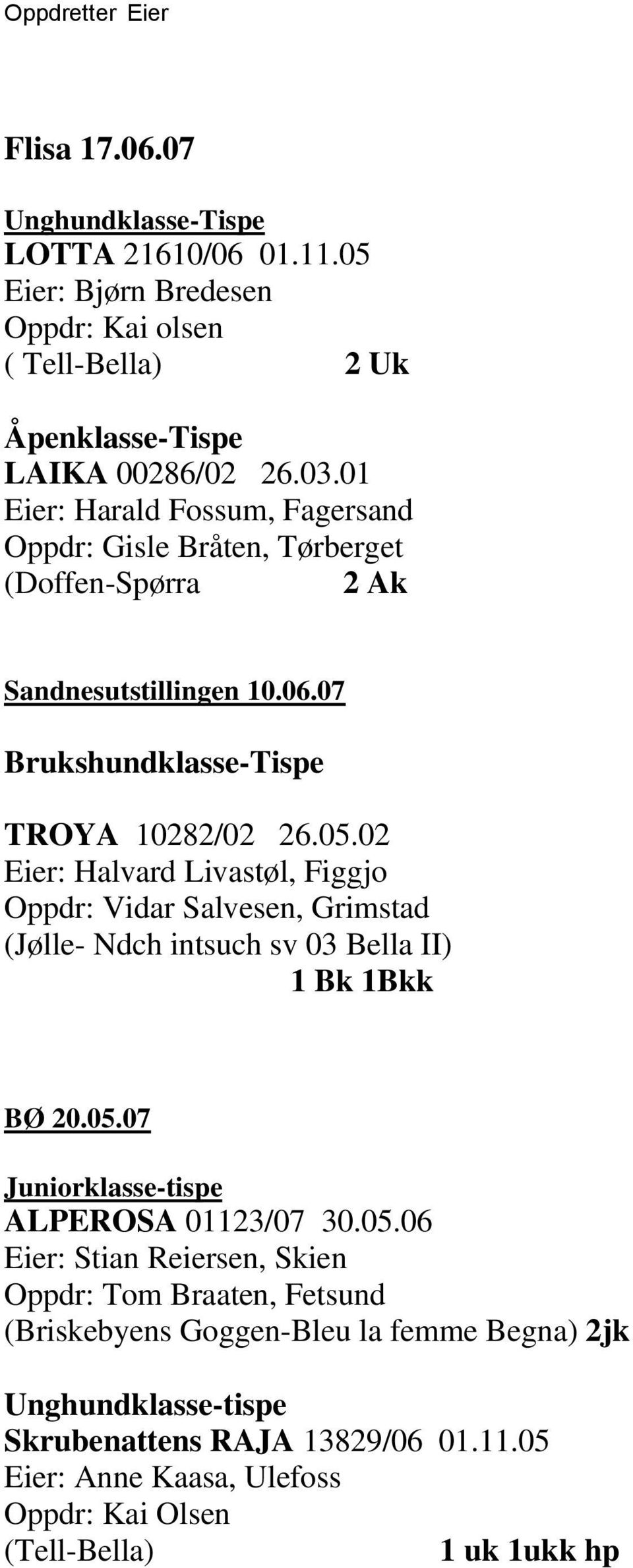 02 Eier: Halvard Livastøl, Figgjo Oppdr: Vidar Salvesen, Grimstad (Jølle- Ndch intsuch sv 03 Bella II) 1 Bk 1Bkk BØ 20.05.