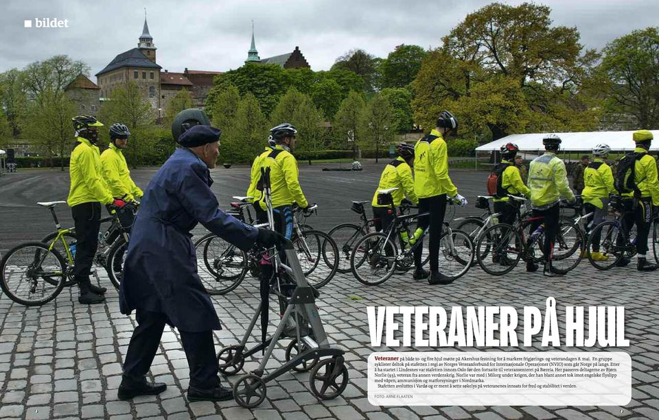 Etter å ha startet i Lindesnes var stafetten innom Oslo før den fortsatte til veteransenteret på Bæreia. Her passeres deltagerne av Bjørn Norlie (93), veteran fra annen verdenskrig.