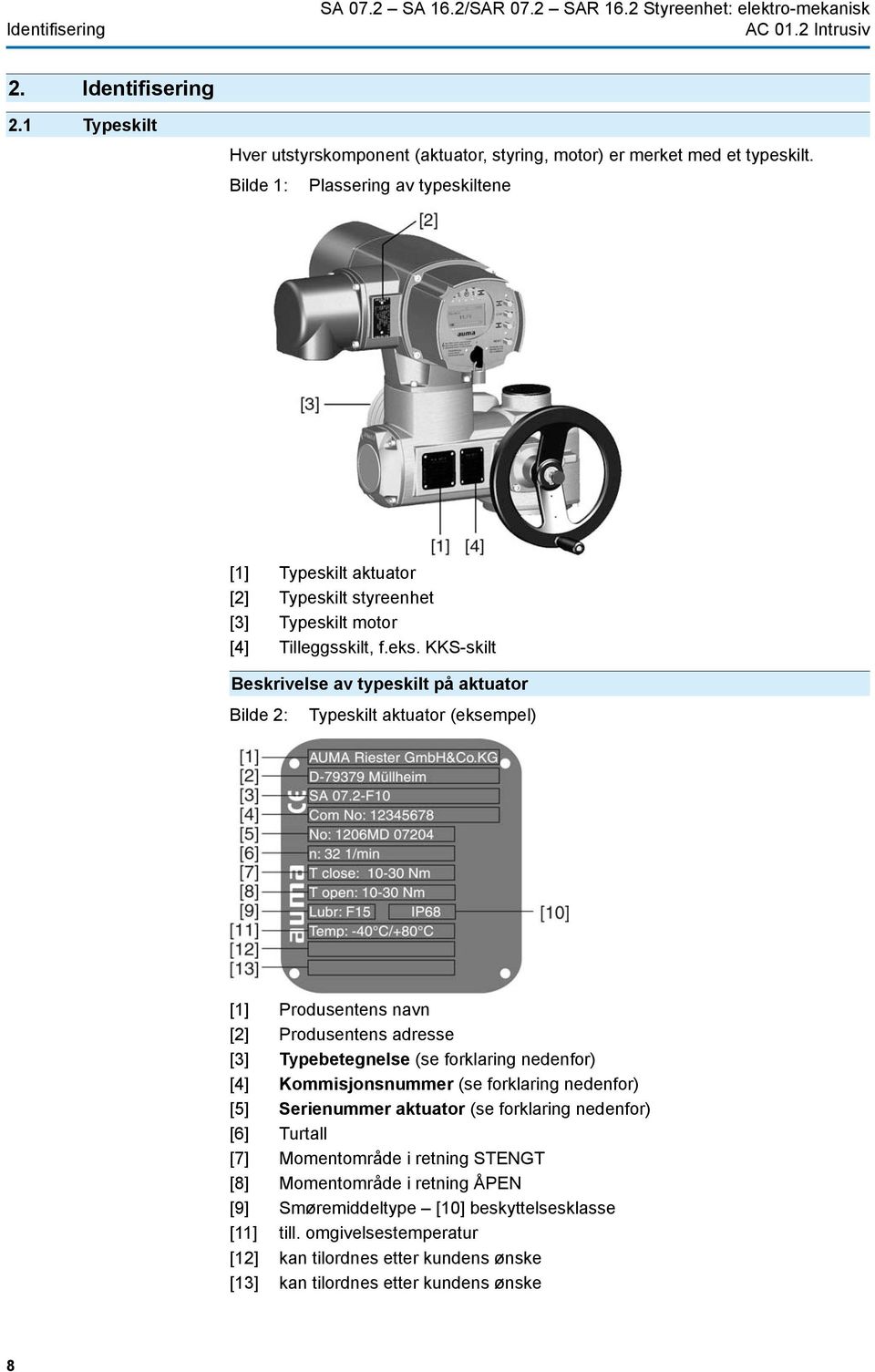 KKS-skilt Beskrivelse av typeskilt på aktuator Bilde 2: Typeskilt aktuator (eksempel) [1] Produsentens navn [2] Produsentens adresse [3] Typebetegnelse (se forklaring nedenfor) [4] Kommisjonsnummer