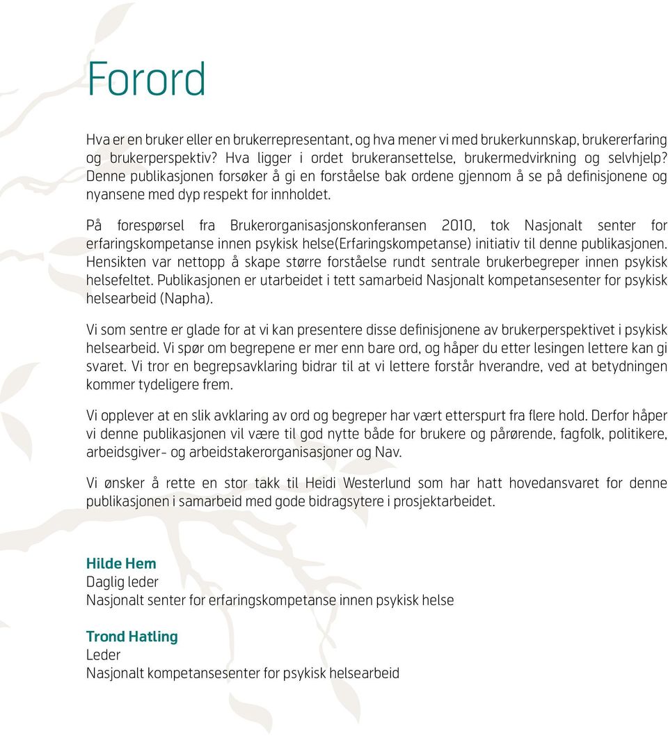 På forespørsel fra Brukerorganisasjonskonferansen 2010, tok Nasjonalt senter for erfaringskompetanse innen psykisk helse(erfaringskompetanse) initiativ til denne publikasjonen.