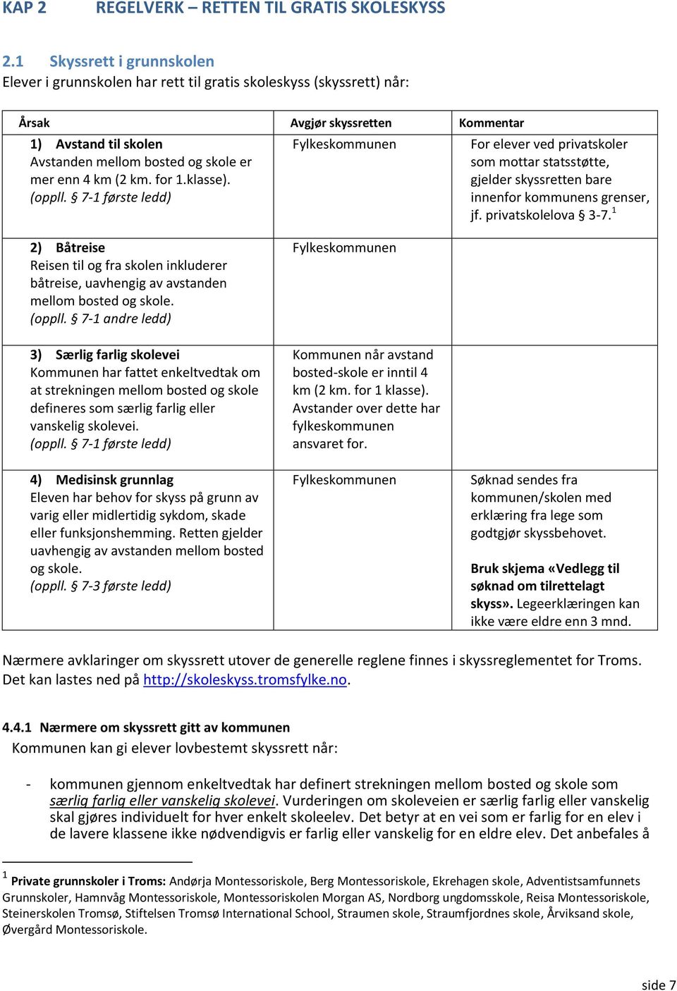 km (2 km. for 1.klasse). (oppll. 7-1 første ledd) Fylkeskommunen For elever ved privatskoler som mottar statsstøtte, gjelder skyssretten bare innenfor kommunens grenser, jf. privatskolelova 3-7.