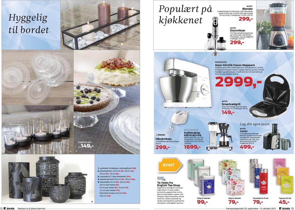 Major KM 636 Classic Megapack Stålbolle på 6,7 liter, A950 kjøttkvern med pølsehorn, 1,5 liters hurtigmikser/blender i plast, K-spade, eltekrok og visp.