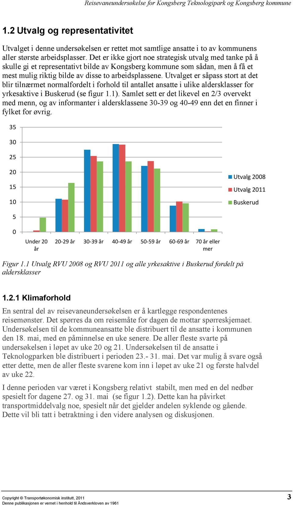 Utvalget er såpass stort at det blir tilnærmet normalfordelt i forhold til antallet ansatte i ulike aldersklasser for yrkesaktive i Buskerud (se figur 1.1).