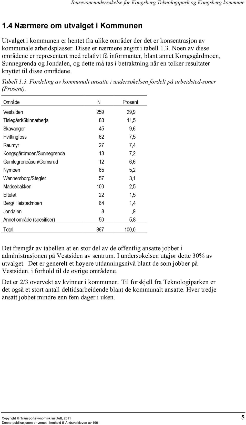 områdene. Tabell 1.3. Fordeling av kommunalt ansatte i undersøkelsen fordelt på arbeidsted-soner (Prosent).