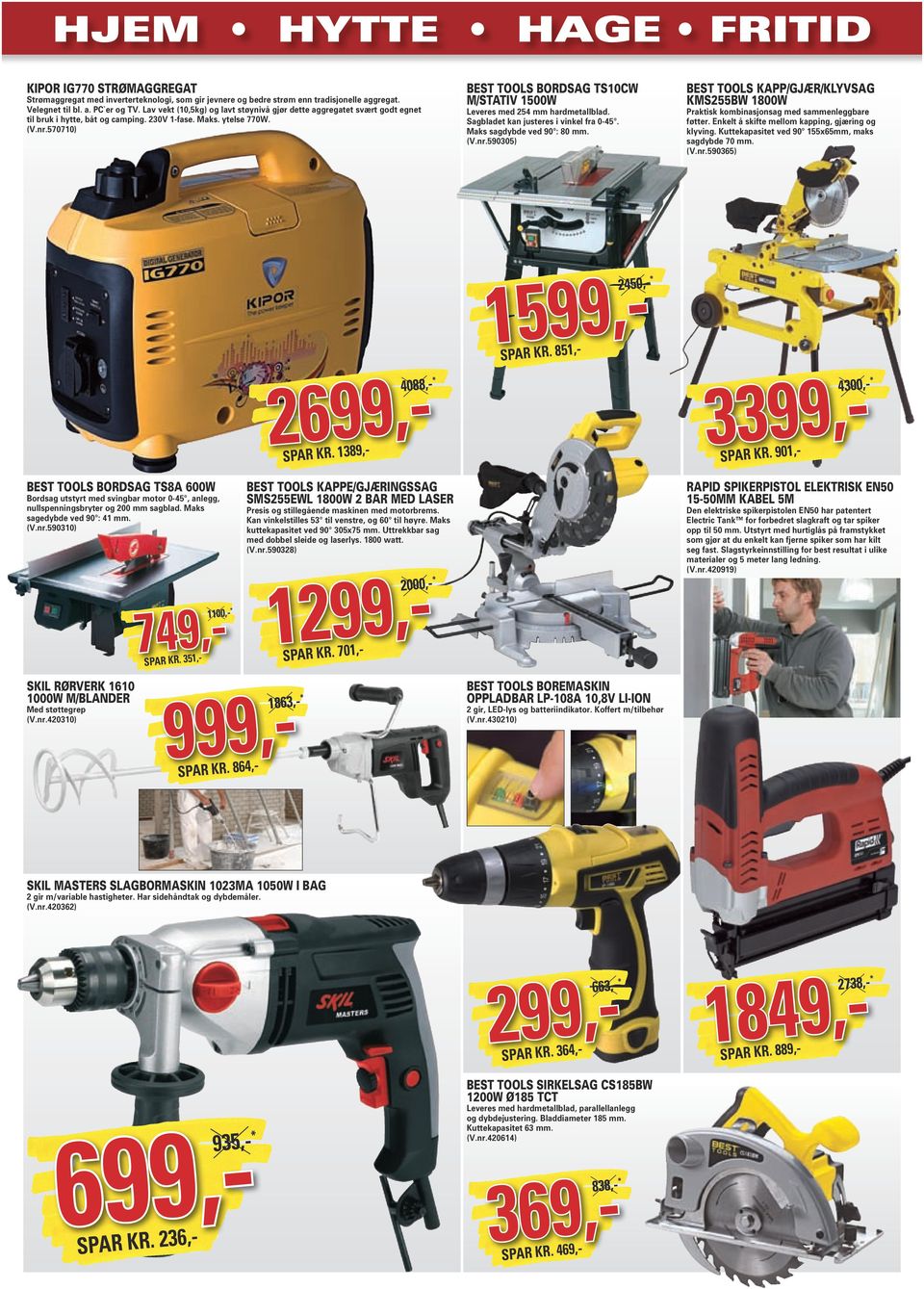 570710) BEST TOOLS BORDSAG TS10CW M/STATIV 1500W Leveres med 254 mm hardmetallblad. Sagbladet kan justeres i vinkel fra 0-45. Maks sagdybde ved 90 : 80 mm. (V.nr.