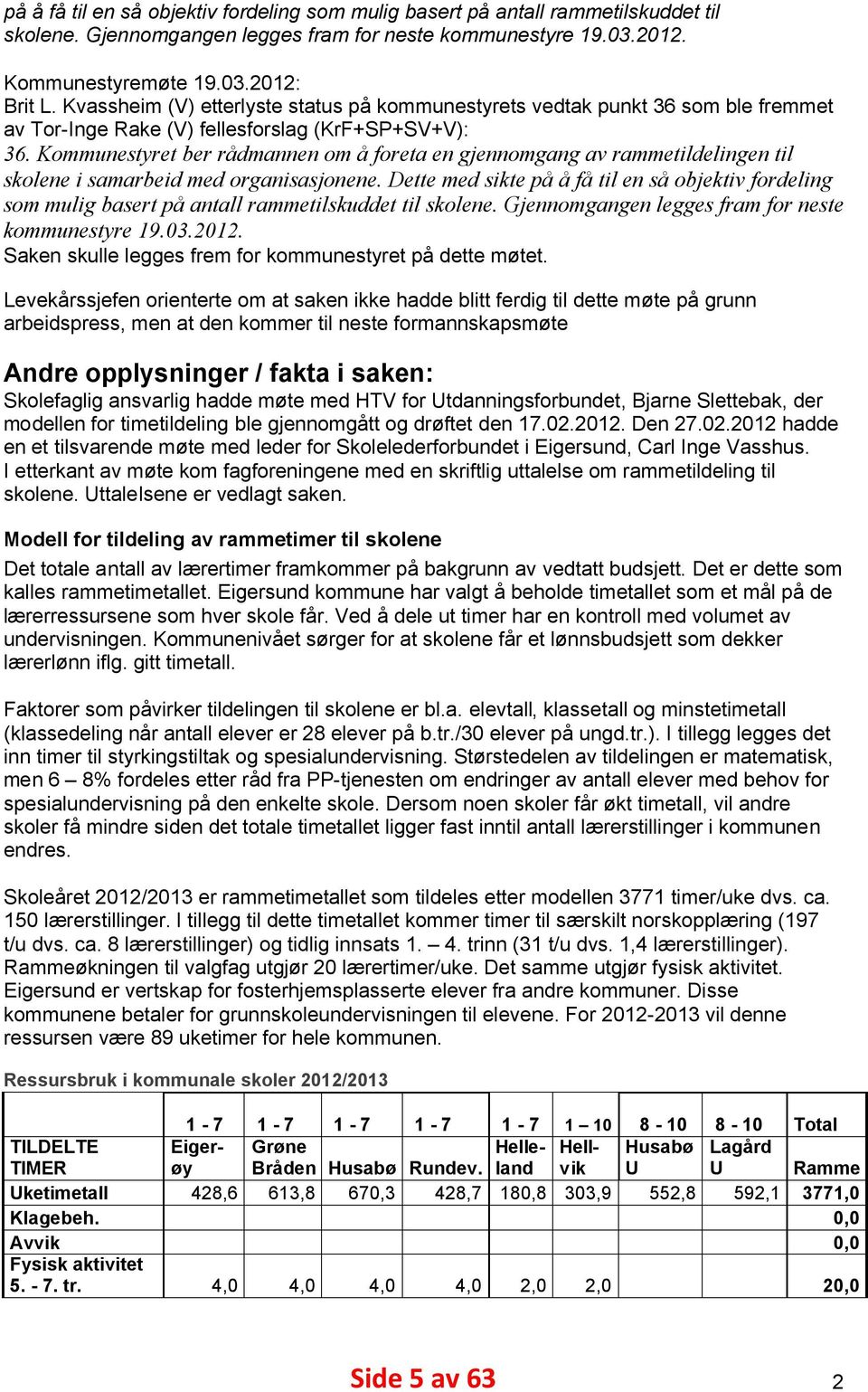 Kommunestyret ber rådmannen om å foreta en gjennomgang av rammetildelingen til skolene i samarbeid med organisasjonene.