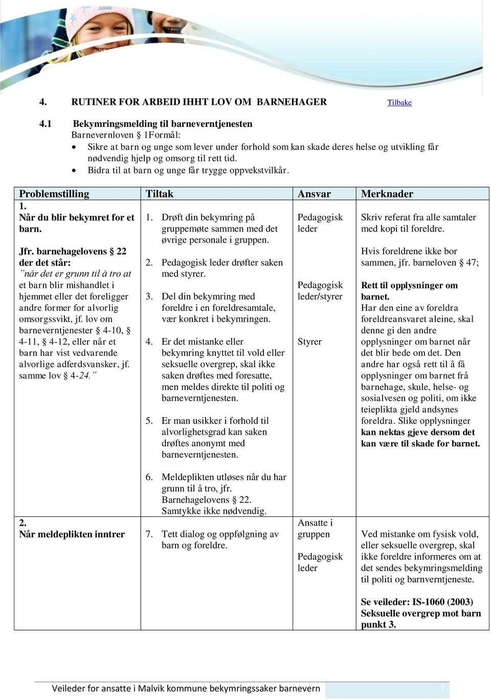 Bidra til at barn og unge får trygge oppvekstvilkår. Problemstilling Tiltak Ansvar Merknader 1. Når du blir bekymret for et barn. Pedagogisk leder Jfr.