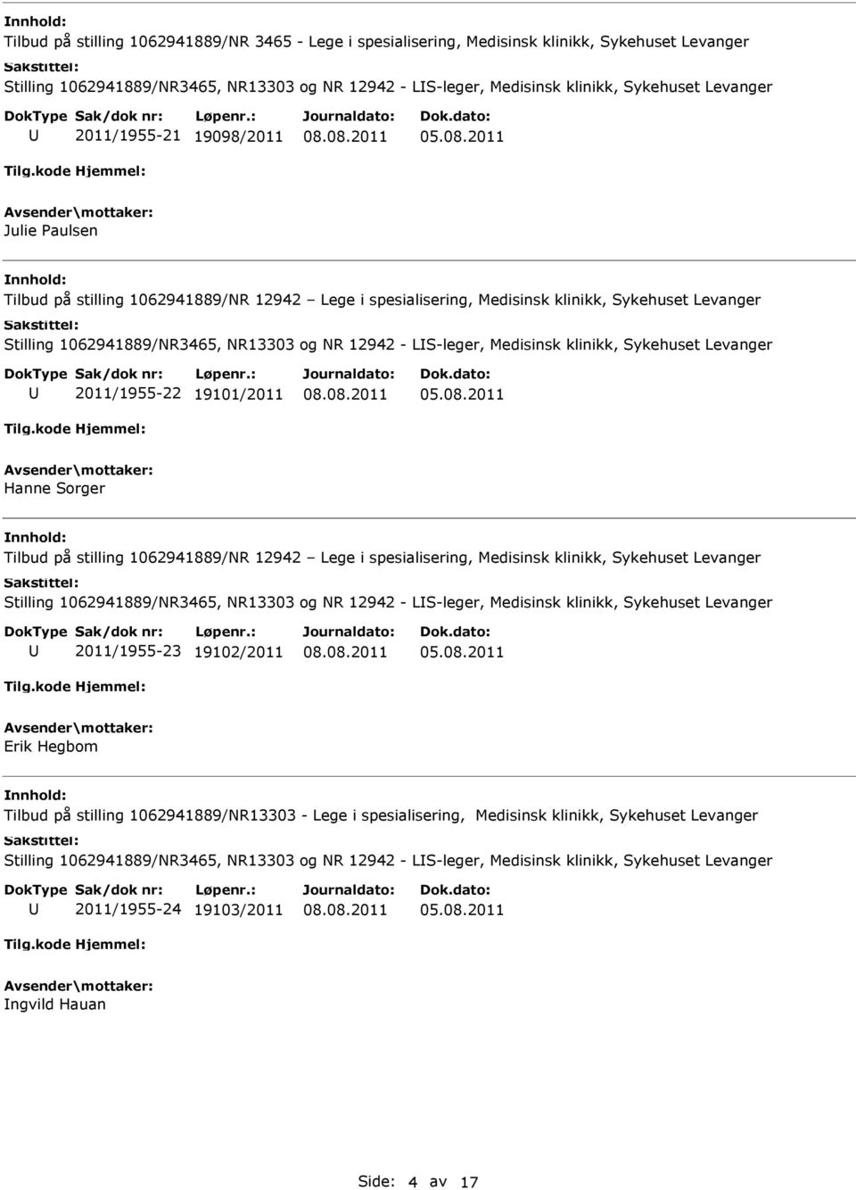 Medisinsk klinikk, Sykehuset Levanger 2011/1955-22 19101/2011 Hanne Sorger Tilbud på stilling 1062941889/NR 12942 Lege i spesialisering, Medisinsk klinikk, Sykehuset Levanger Stilling