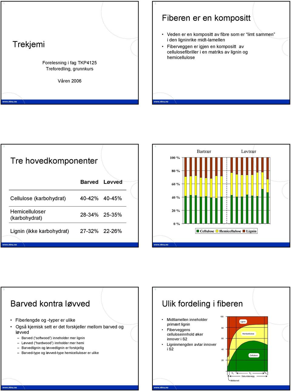 emicelluloser (karbohydrat) 28-34% 25-35% Lignin (ikke karbohydrat) 27-32% 22-26% 20 % 0 % ellulose emicellulose Lignin 5 6 Barved kontra løvved Ulik fordeling i fiberen Fiberlengde og -typer er